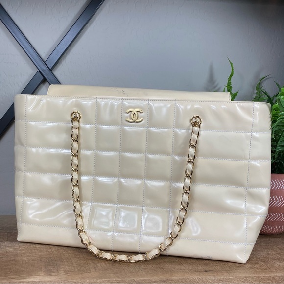 CHANEL Handbags - SOLD Chanel Chocolate Bar Patent Leather Tote